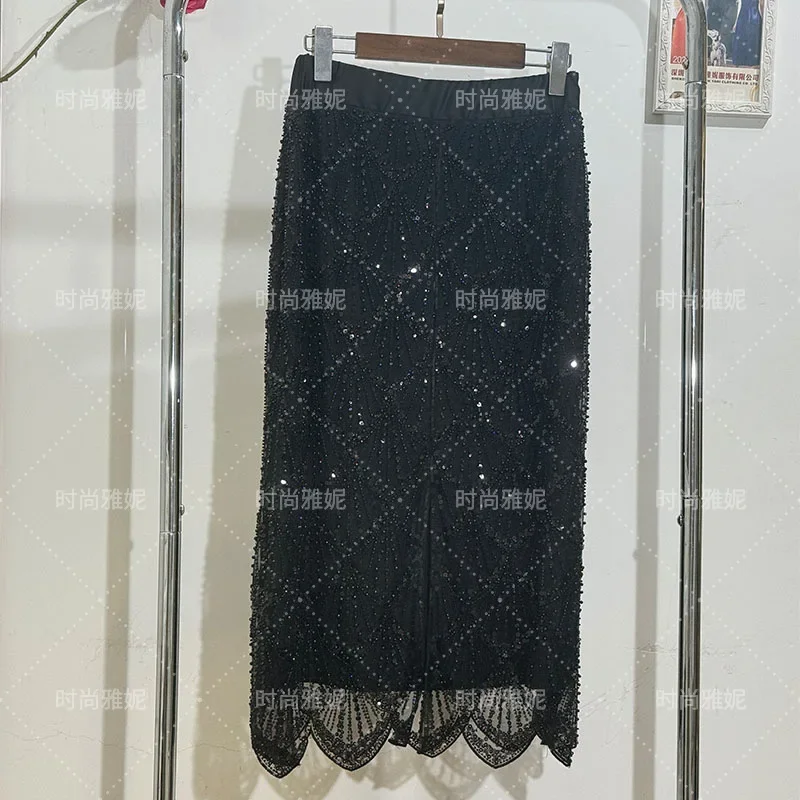 2024 Autumn New Long-sleeved Top Heavy Industry Half-body Medium-length Skirt With Diamonds Sequins Pearl Beads Clothes Female