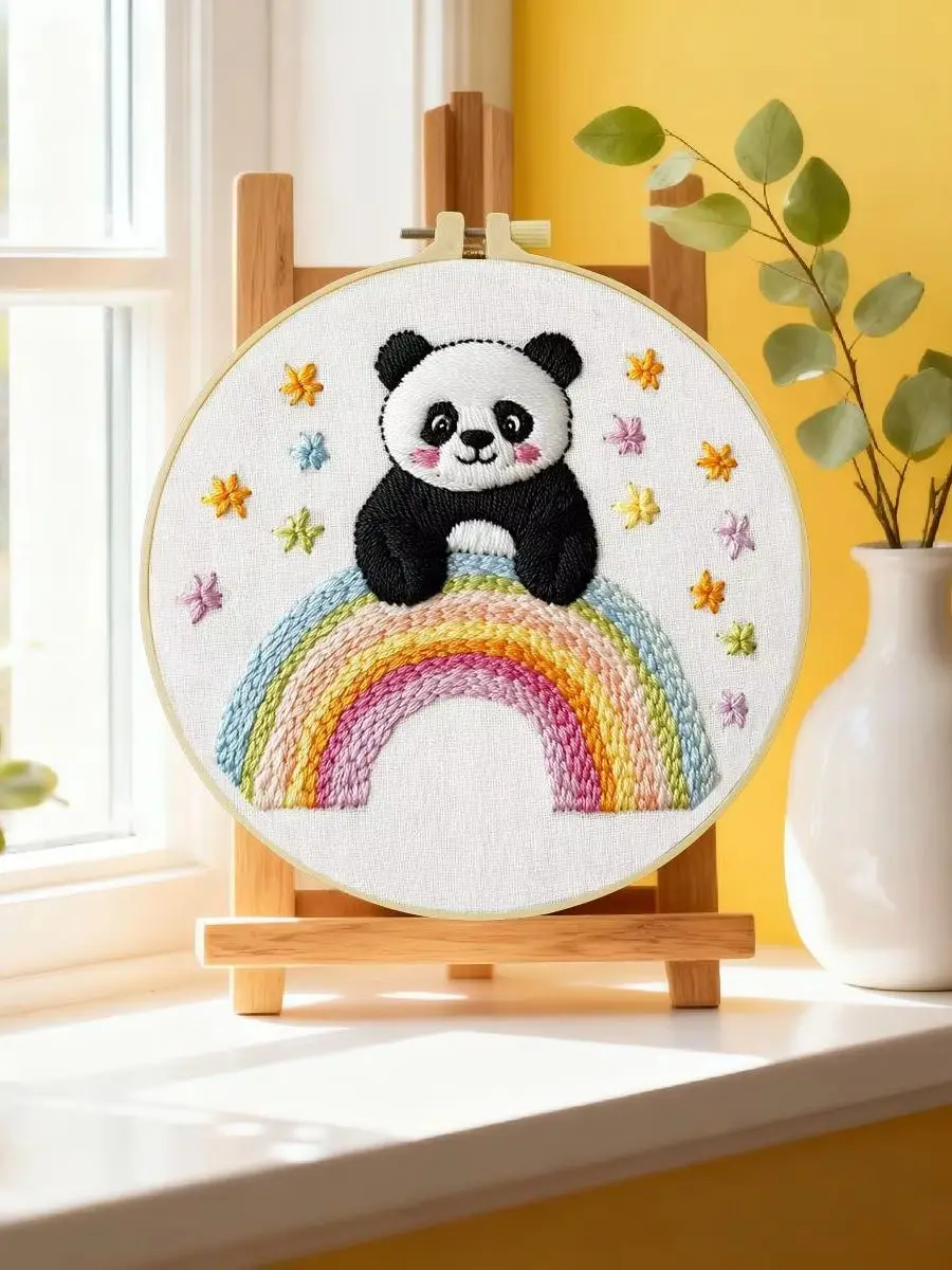1 Stück 20X20CM/15X15CM 7,87/6,3 Zoll Regenbogen-Panda-Stickerei-Starter-Kit DIY-Kit DIY-Stickerei-Set Handarbeiten Malerei – Detail 6