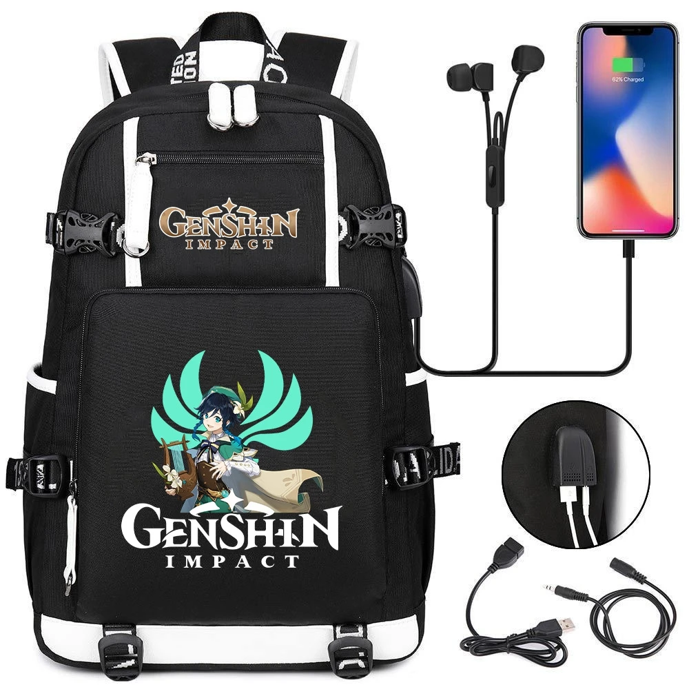 Game Genshin Impact Venti Backpack Rucksack Student School Book Bag Kids Teens Black Shoulder Laptop Bags