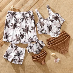 PatPat Family Matching Outfits Swimwears Allover Coconut Tree Print Spliced Ruched One-piece Swimsuit and Swim Trunks