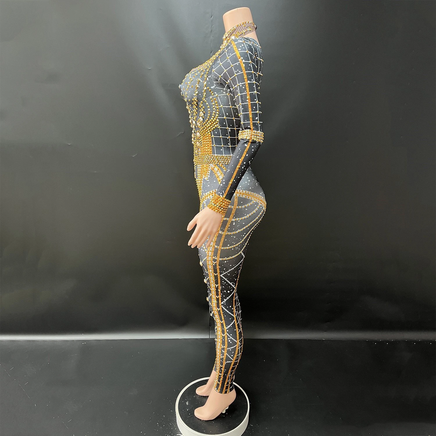 2025 Sexy Collo Alto Strass Tuta Costumi di Squadra di Ballo Discoteca Bar Dj Tuta Femminile Gogo Ballerini Abiti di Scena DN21580