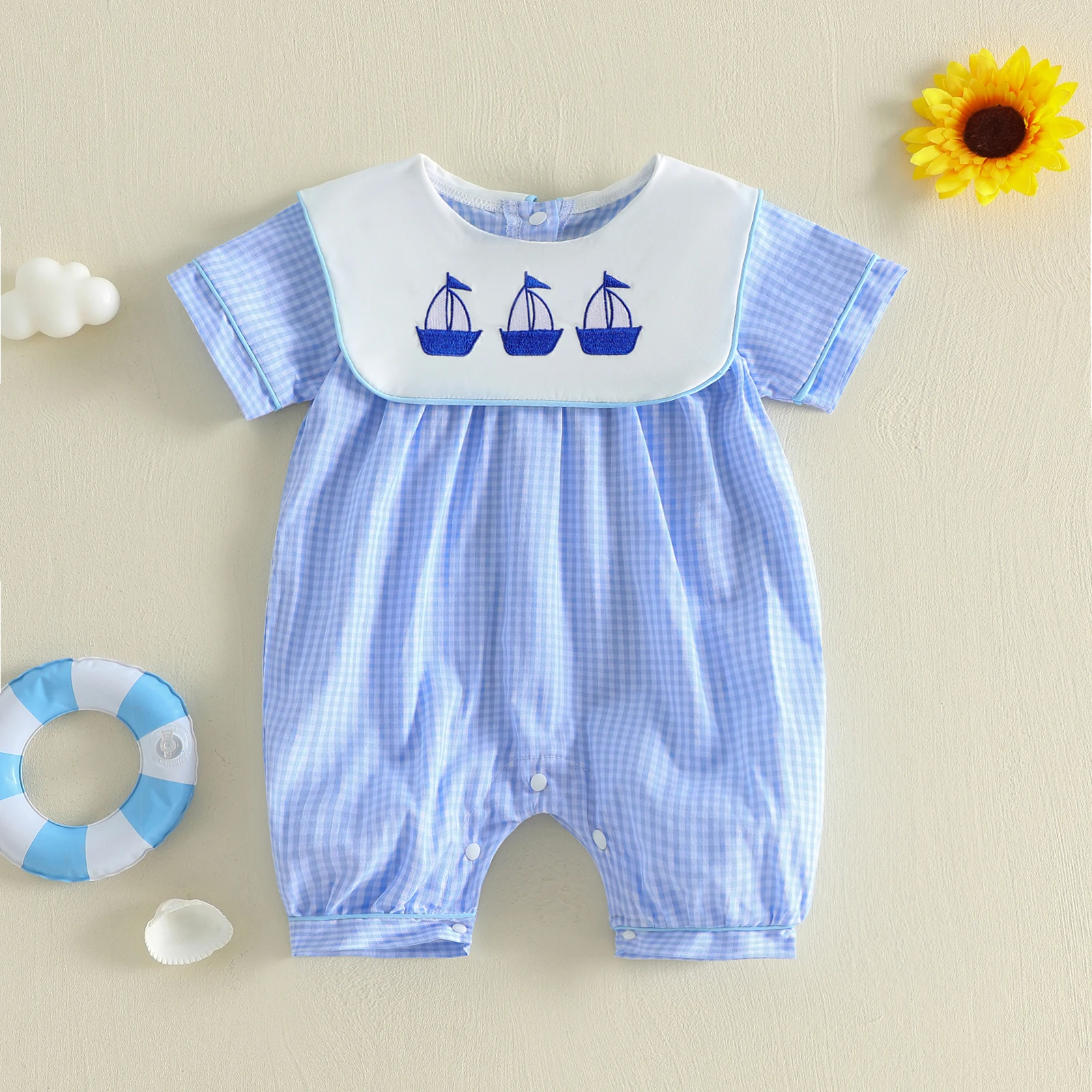 Baby Girl Plaid Romper Strawberry/Sailboat Embroidery Crew Neck Short Sleeve Infant Boy Bodysuits Jumpsuits
