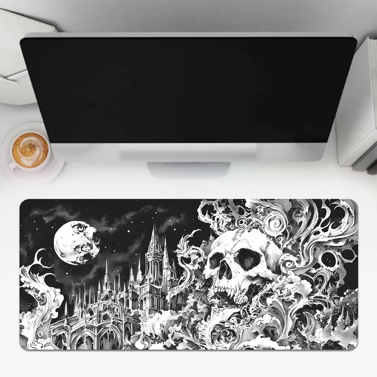 Schwarz-weißes Totenkopf-Schloss-Kunst-Mauspad, mehrere Größen, waschbar, rutschfest, genähte Kante, Computer-Schreibtischunterlage für Büro und Zuhause, ideales Geschenk