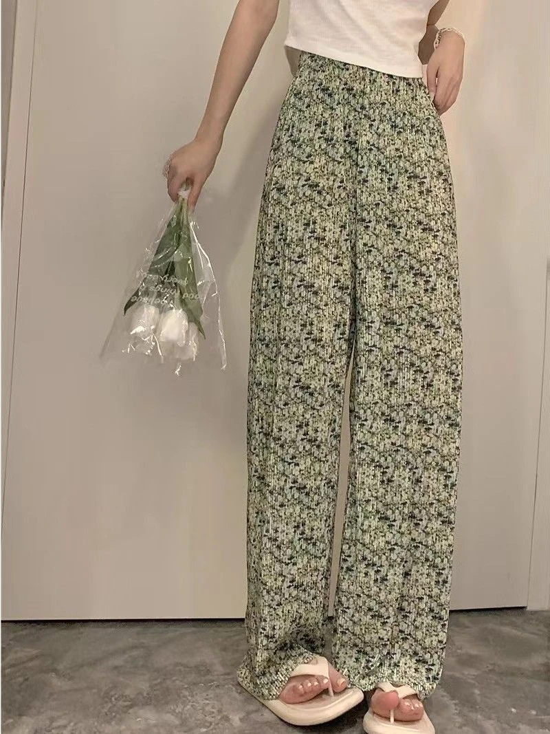 Trendy Pleated Plaid Wide Leg Pants Women's Summer New High Waist Loose Small Size Slim Straight Tube Pants Casual Trousers