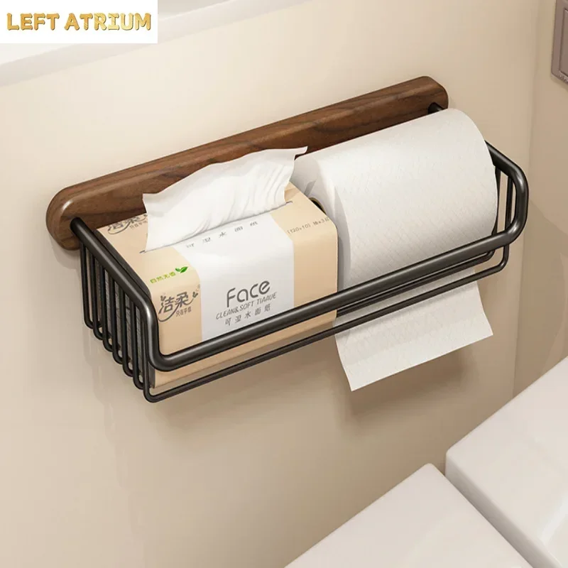 Walnut Aluminum Bathroom Storage Rack Black Bathroom Shelf Wall-Mounted Black Paper Holder
