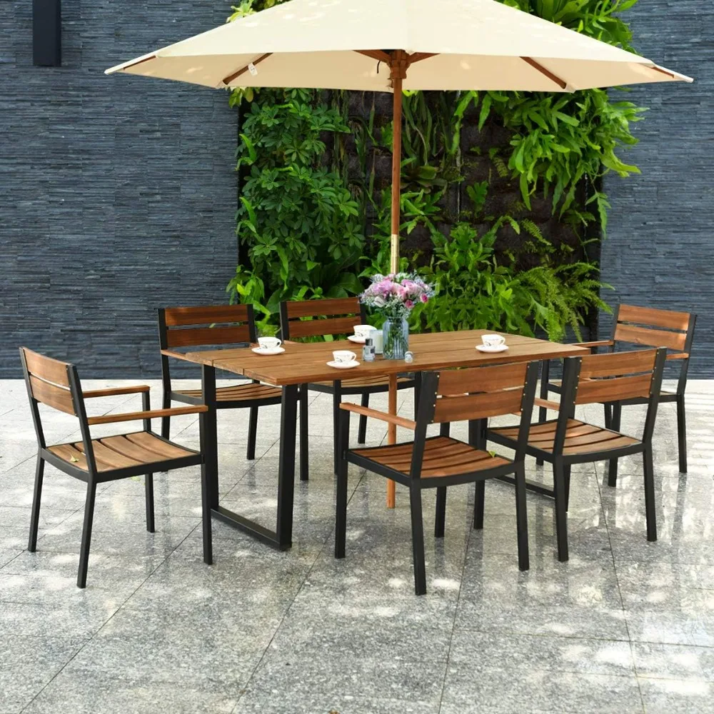 7 Pieces Patio Dining Set with Umbrella Hole, 6 Heavy Duty Acacia Armrest Chairs and Wood Rectangle Table, Wood Dining Set