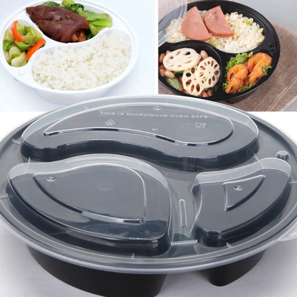 

15pcs 3-Compartment Bento Round Food Storage Container 1000Ml Disposable Fast Food Box For Work School Travel Stackable Black Pp