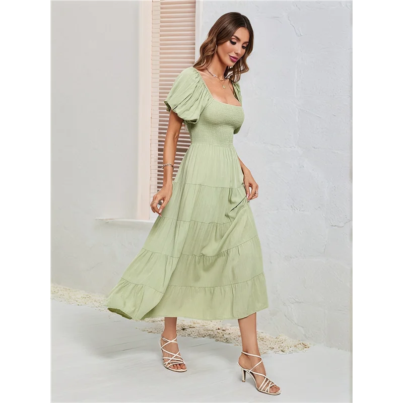 ผู้หญิงฤดูร้อนสบายๆชุด Midi Puffy แขนสั้นสแควร์คอ Smocked ฉัตร Ruffle ชุด