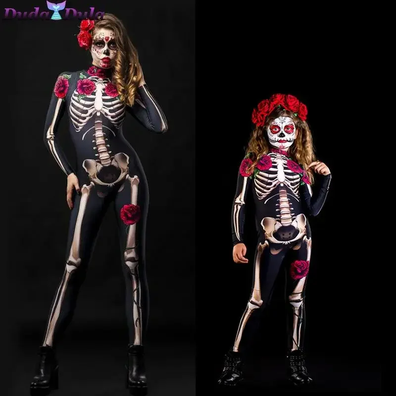 Adult Sexy Women Scary Ghost Costume Rose Skeleton Halloween Sexy Devil  Jumpsuit Kids Baby Girl Carnival Party Day of The Dead