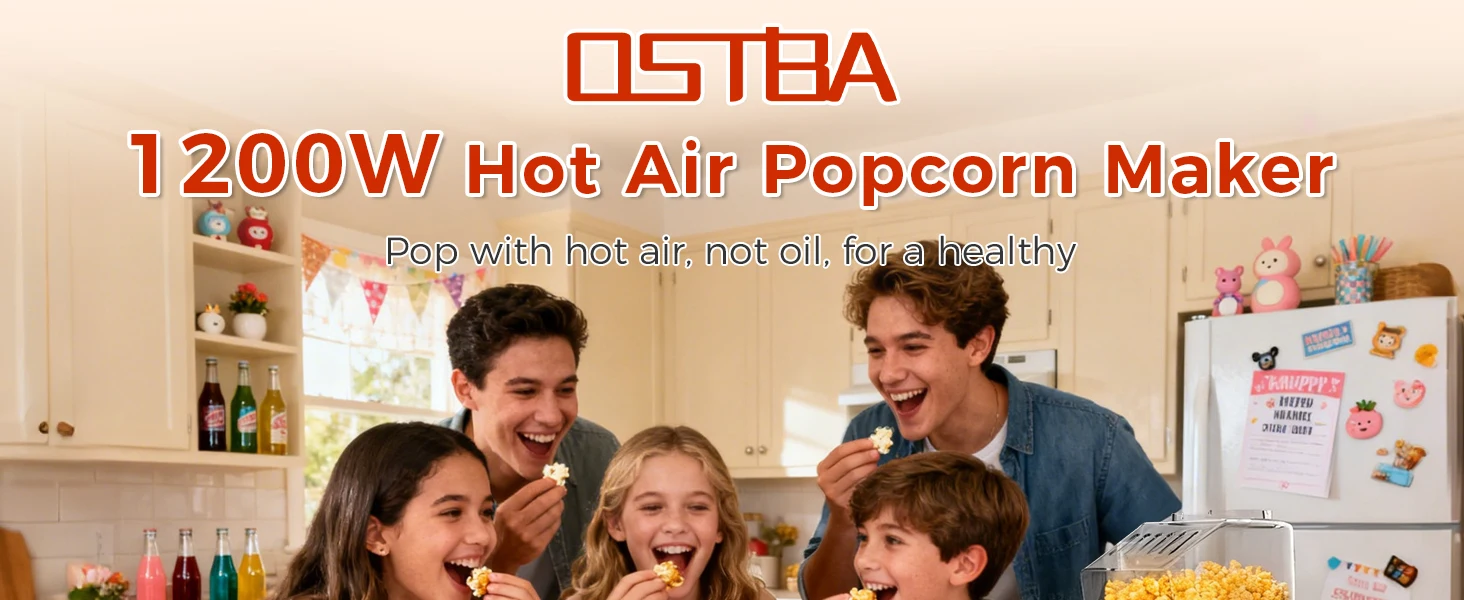 Popcorn Machine, 12-Cup Hot Air Popcorn Popper, Oil-Free, Red