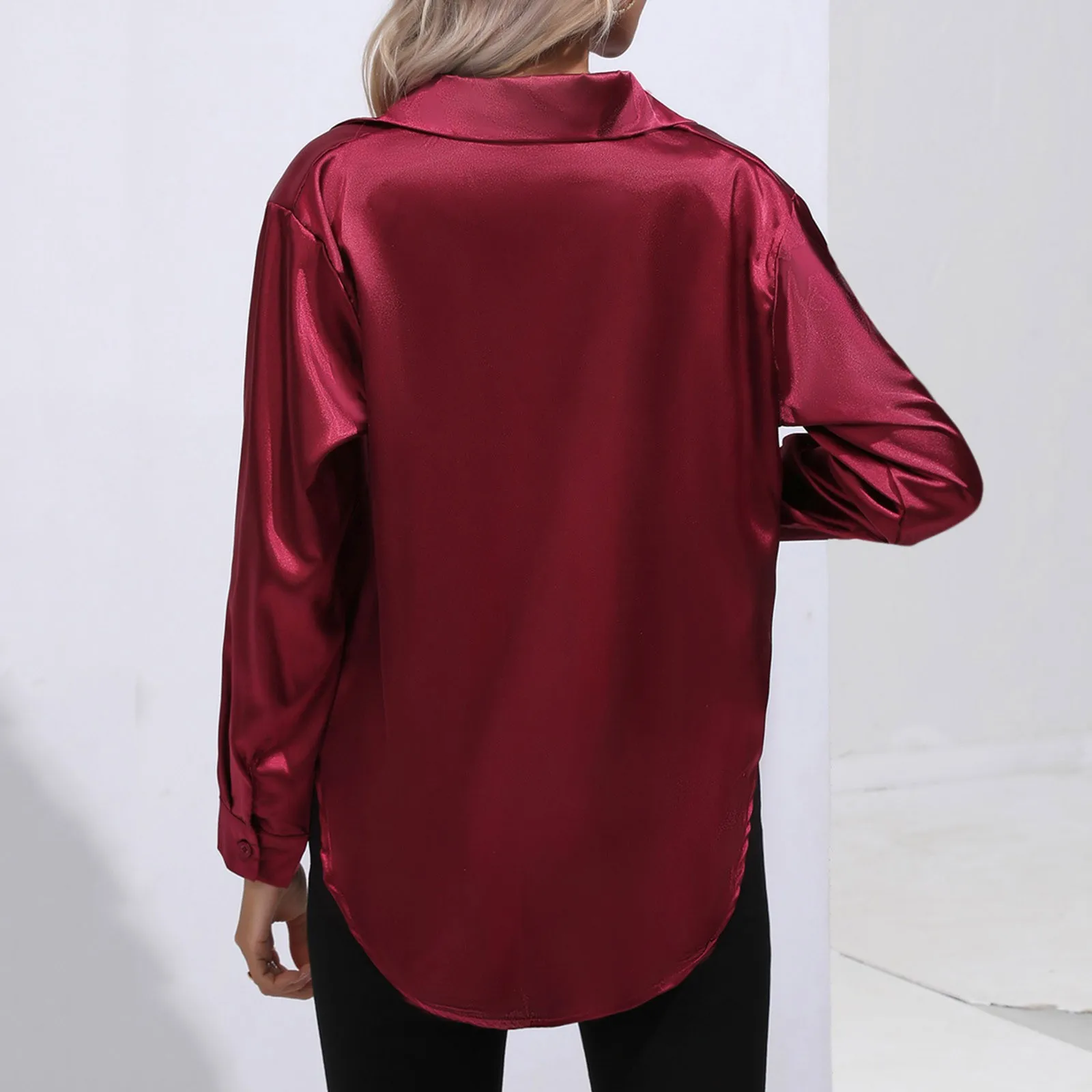 Fashion Work Ol Shirts Solid Color Satin Silk Shirt V-Neck Long Sleeve Women Blouse Office Lady Elegant Button Tops Oversized