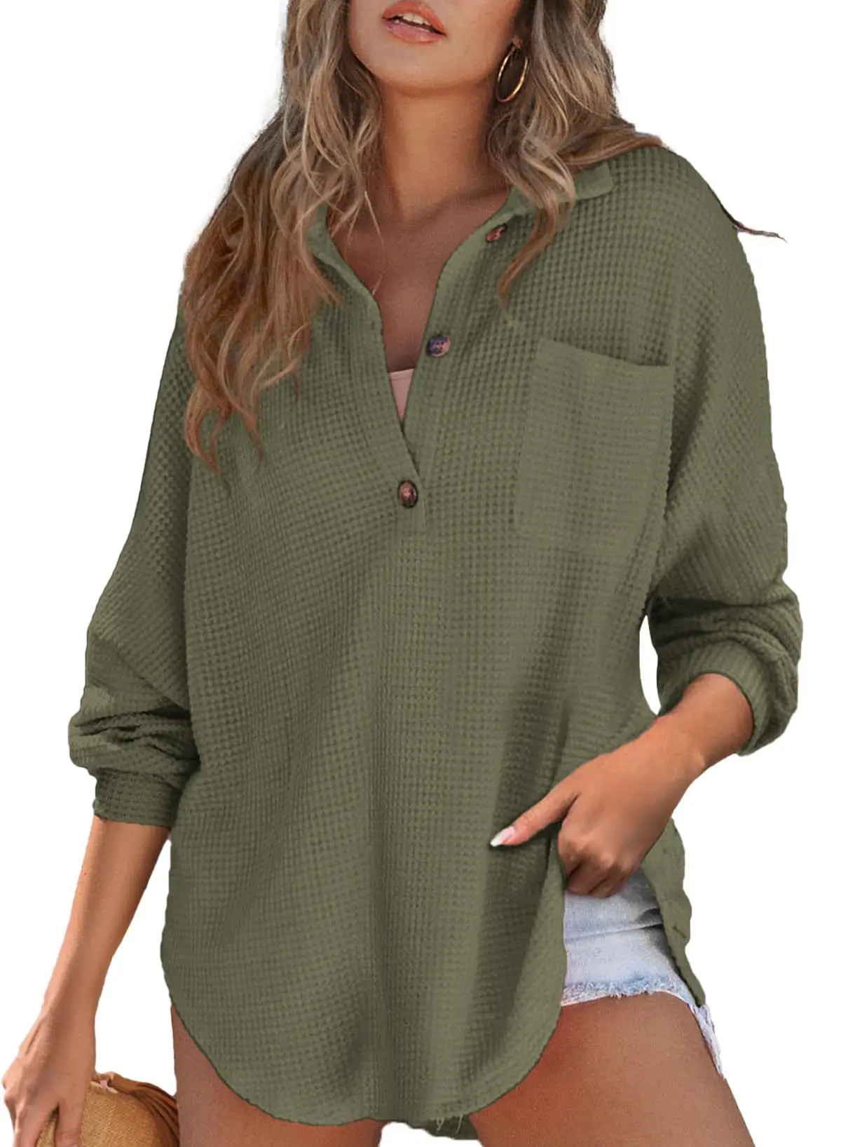 Women's Oversized Henley Waffle Shirts Tops Button V Neck Long Sleeve Mesh Knitwear Tunic Blouses Casual Fall Outfits