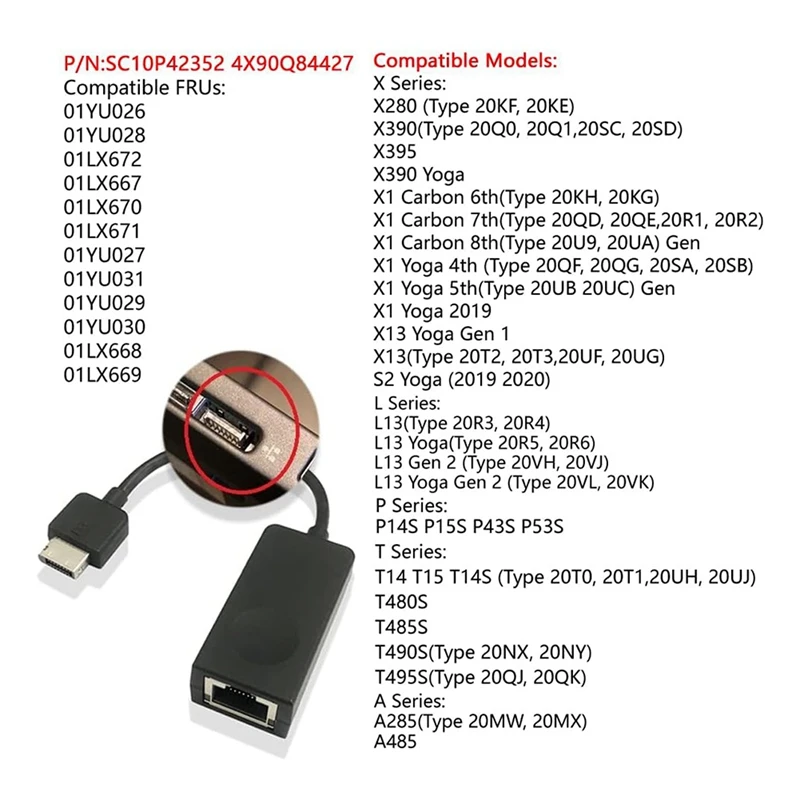 Replacement Cable Dongle RJ45 Ethernet Adapter For Lenovo Thinkpad X280,X390,X390 Yoga,X395,X1 Yoga 4Th,5Th Gen