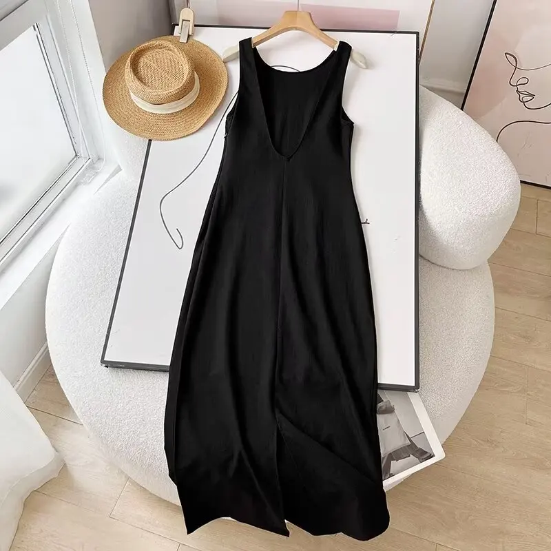 Donegirl Summer Black Cotton Linen Sleeveless Midi Dress Women Fashion Elegant Commuter Leisure Female Tank Dresses