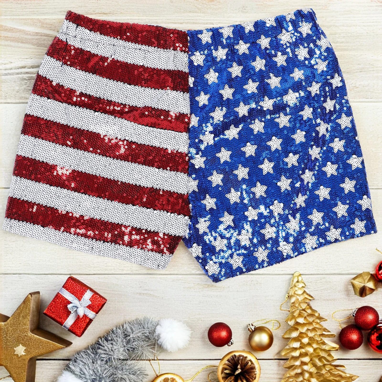 

Independence Day Performance Costumes Shiny Sequin Shorts Women Mini Skirt New Years Eve Holiday Party Festive Outfits
