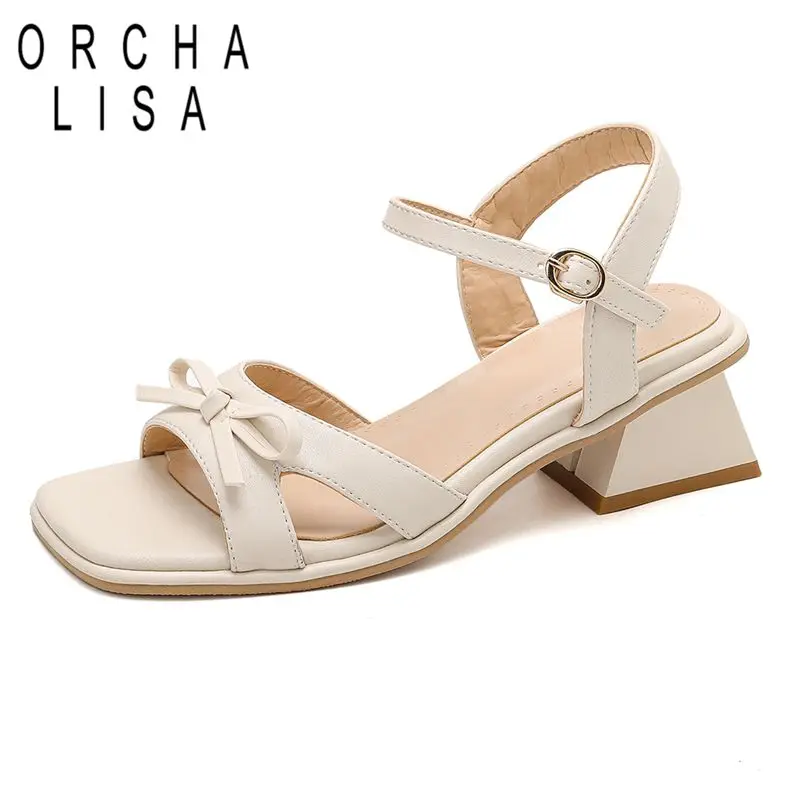 ORCHA LISA Beige Female Sandals Square Toe 4.5cm Block Heel Buckle Strap Bowknot Plus Size 41 42 43 Sexy Dating Handmade Shoes