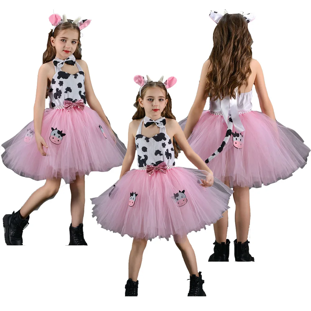 Kids Girls Pink Cow Tutu Dress Cosplay Skirt Mesh Costume Children Performance Stage Suit Outfits Halloween Carnival Party Cloth