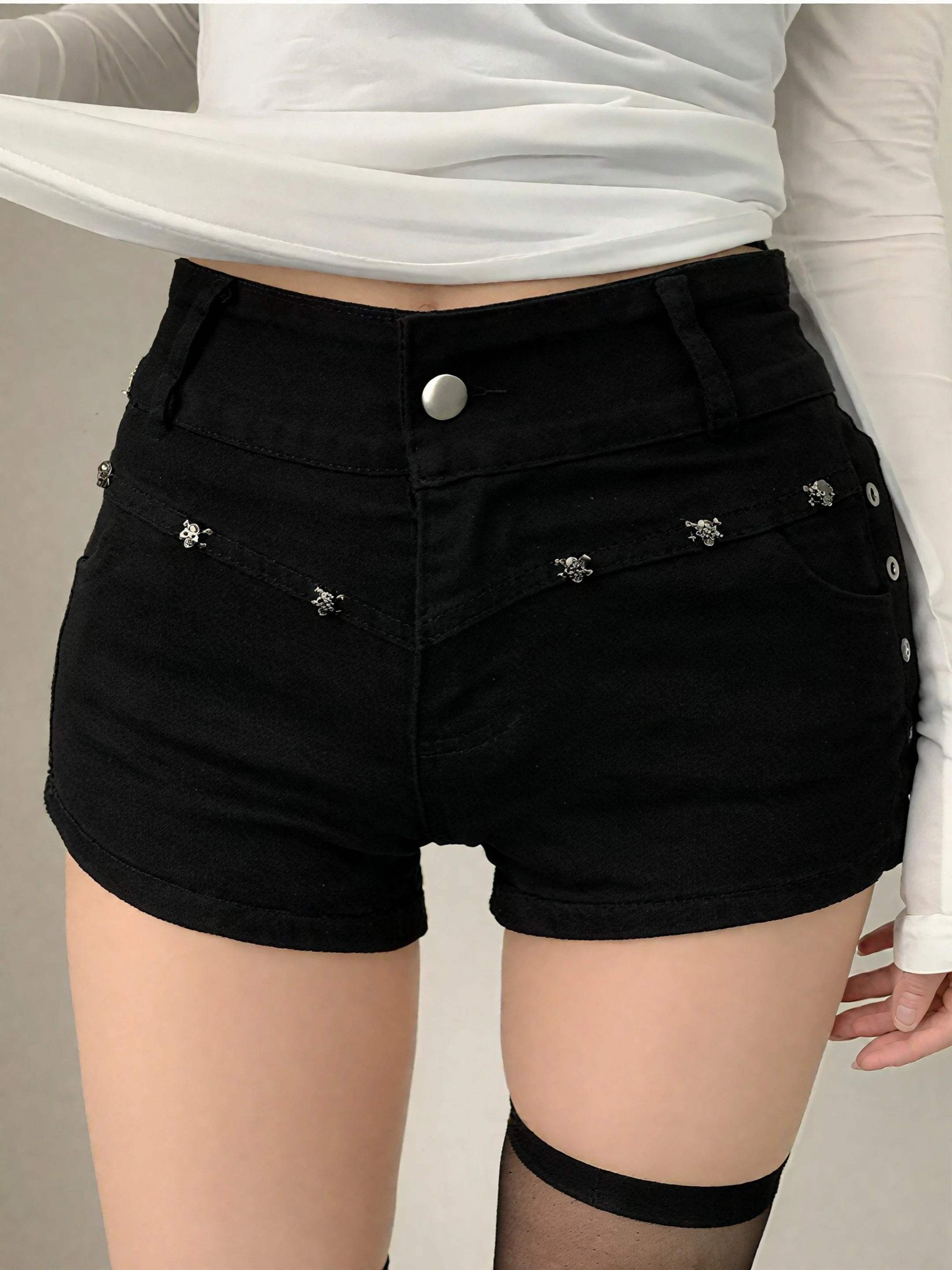 

Slim Fit Denim orts with Long Leg Filter Bla Rivet Butt Pad mid Low Waist Women's Faion Tight Jeans Hot Pants