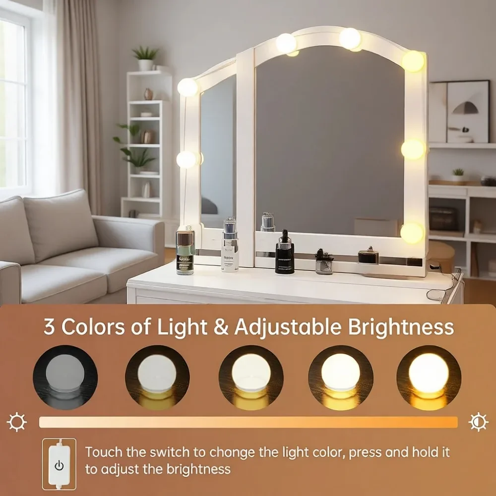 Vanity Table Set with Lighted Tri-Folding Mirror, 3 Color Lighting Modes, 5 Drawer Makeup Desk and Cushioned Stool, White view 2