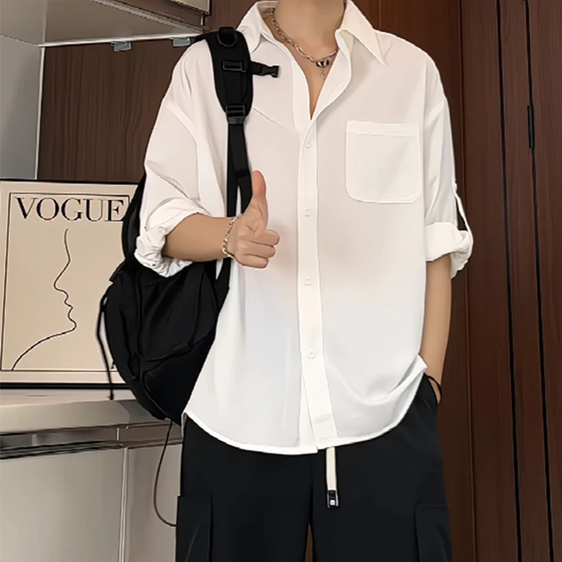 2024 Korean Fashion Mens Shirt Spring Summer New Loose Casual Long-sleeved Lapel High Street Male Suit Shirt White Black Shirts