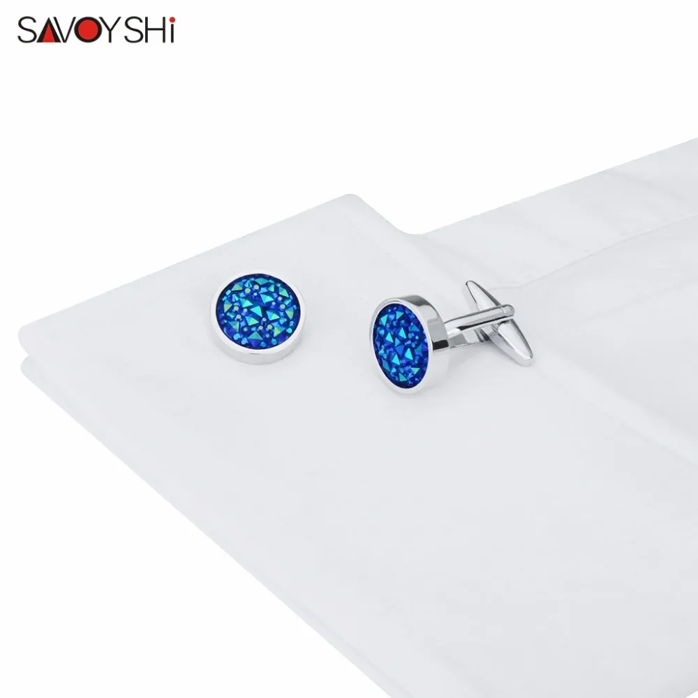 SAVOYSHI Round Blue Crystal Cufflinks For Mens Shirt Accessories High Quality Fashion Brand Cuff Buttons Wedding Gift Jewelry