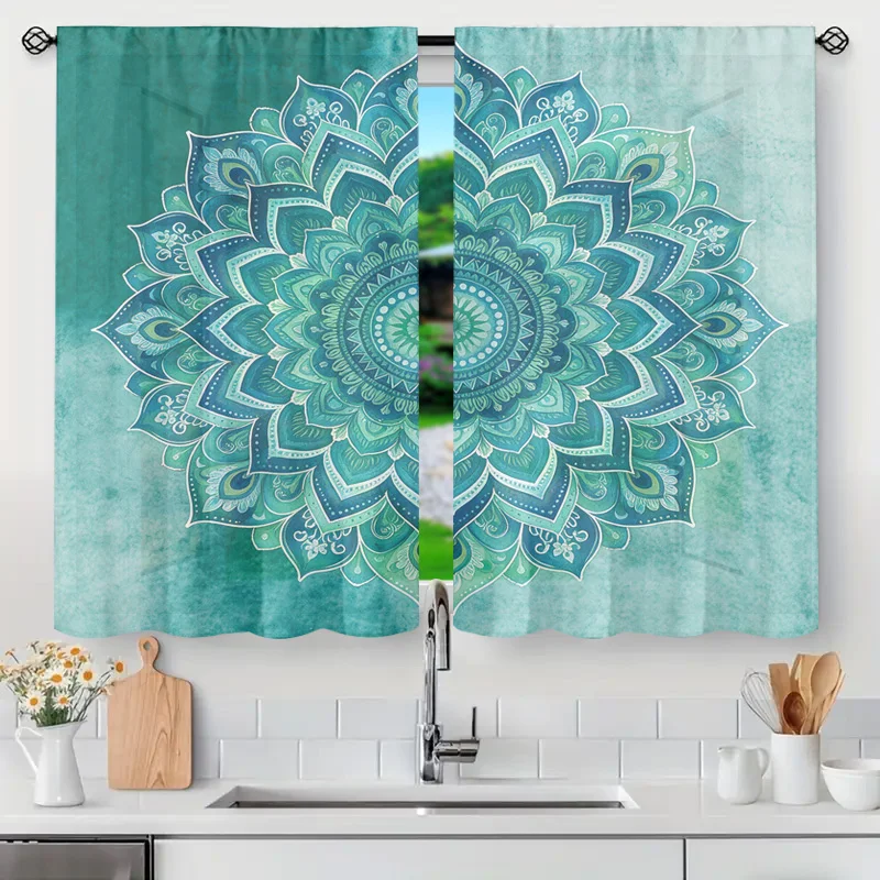 Bohemian Mandala Print Window Curtains Teal Aqua Watercolor Pattern Light Filtering Curtains for Bathroom Shower Room Decor Home