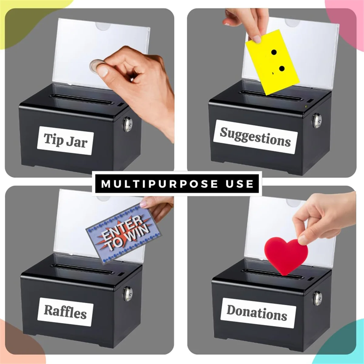 La nueva caja de donación con cerradura: caja de sugerencias acrílica con ranura, caja de bloqueo de boleta con soporte de letrero para rifa, votación, color negro