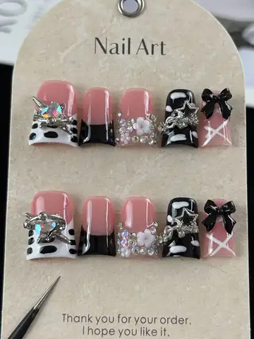10pcs high-end Sweet and cool girl style, hand-painted three-dimensional bows, stars, and glittering diamonds handmade fake nail