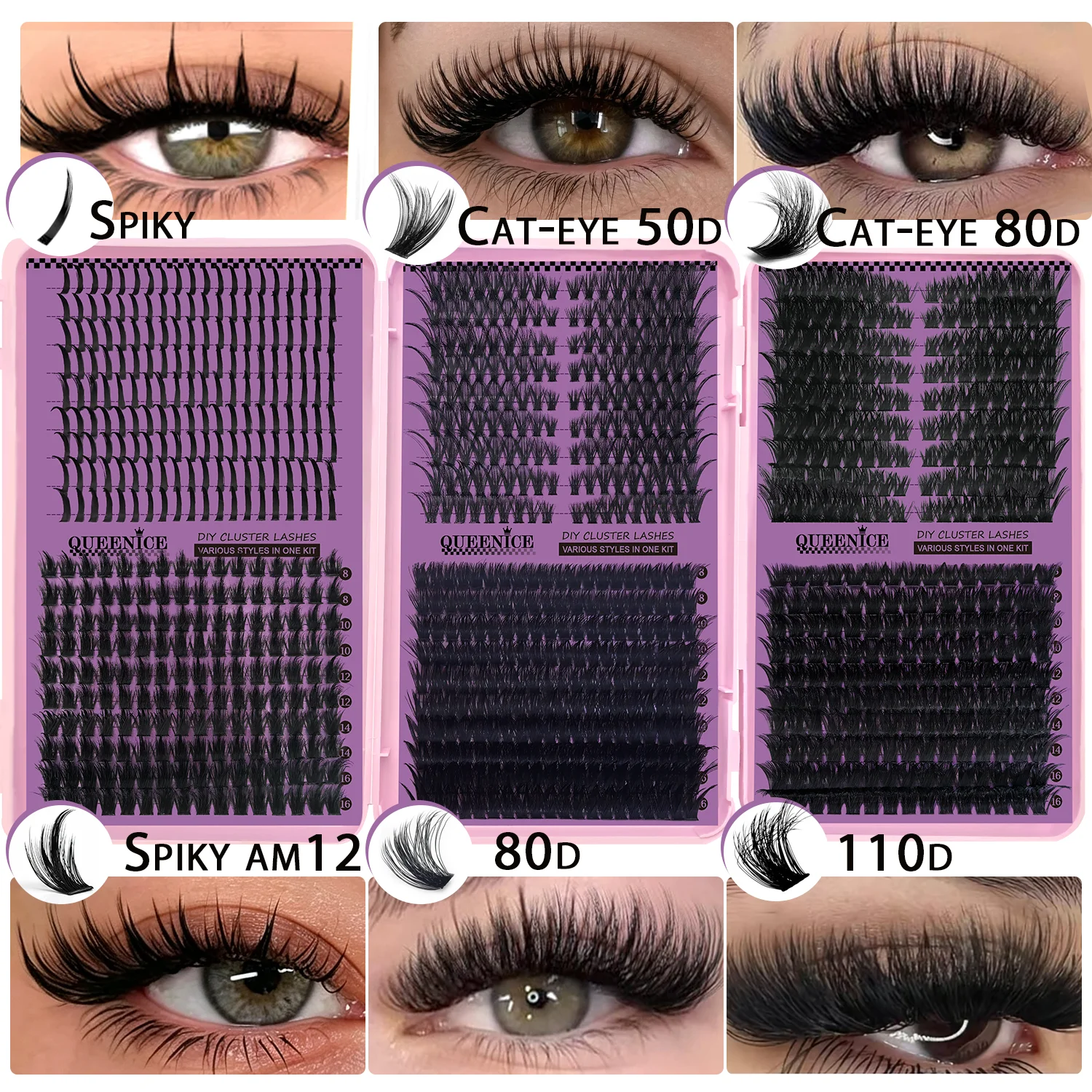 QUEENICE Three Fold Updated New DIY False Eyelash Extension 6 Mixed Styles Fluffy Voluminous Cat Eye Spiky lash Extensions
