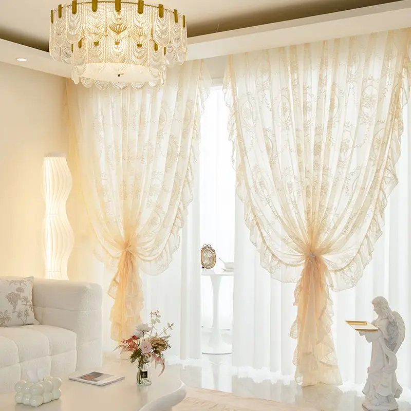 French Rococo Vintage Garland Embroidered Curtain Cream Sheer Curtain for Window Living Room Voile Curtain with Ruffled Warp