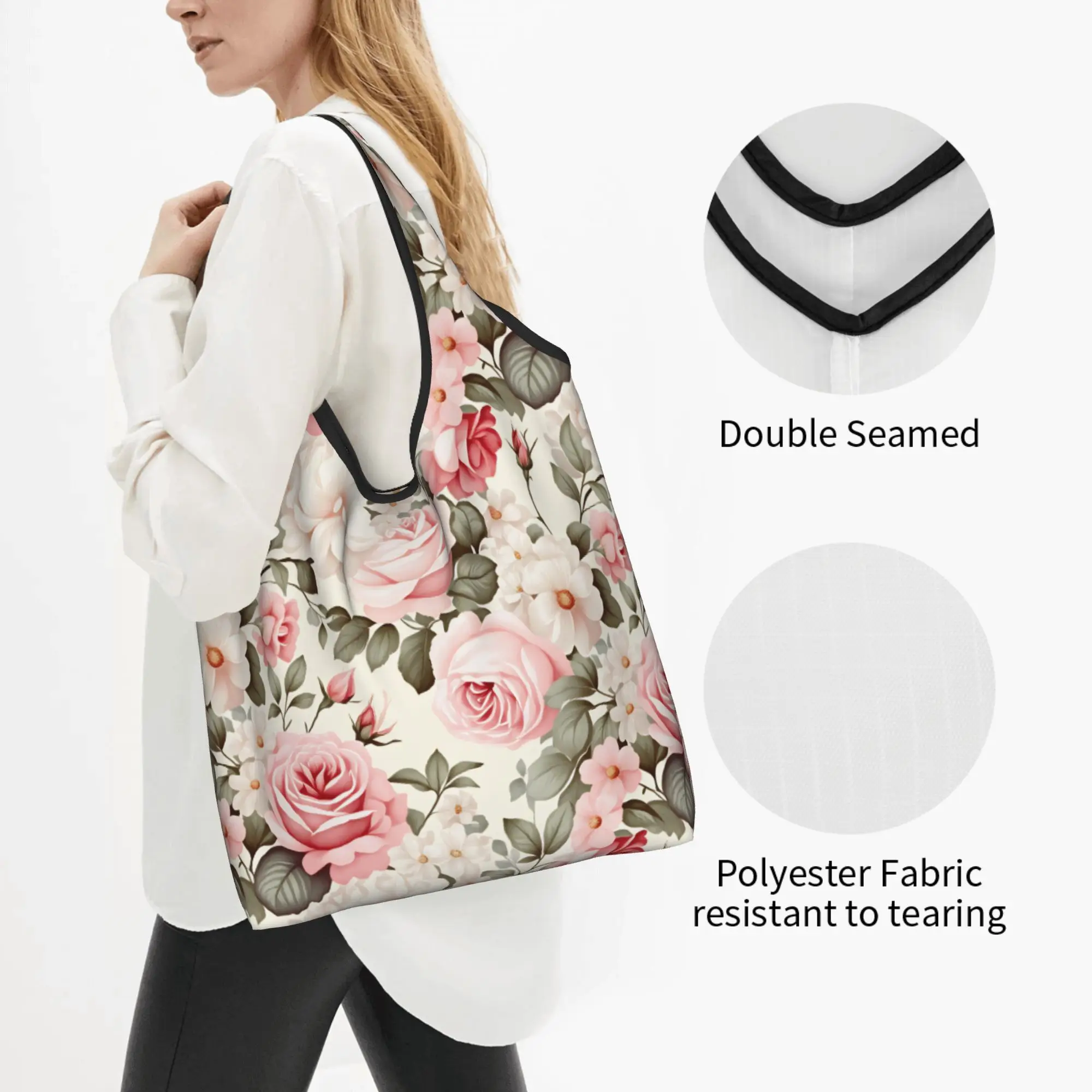 Custom Victorian Rose Flowers  Shopping Bag Women Portable Large Capacity Grocery Elegant Stained Pink  Shopper Tote Bags