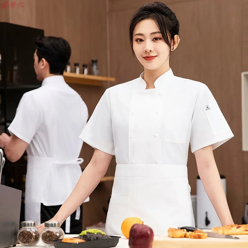 Zomer dun ademend mesh wit korte mouw chef-kok jas hotel chef-kok westers restaurant cake winkel personeel uniform