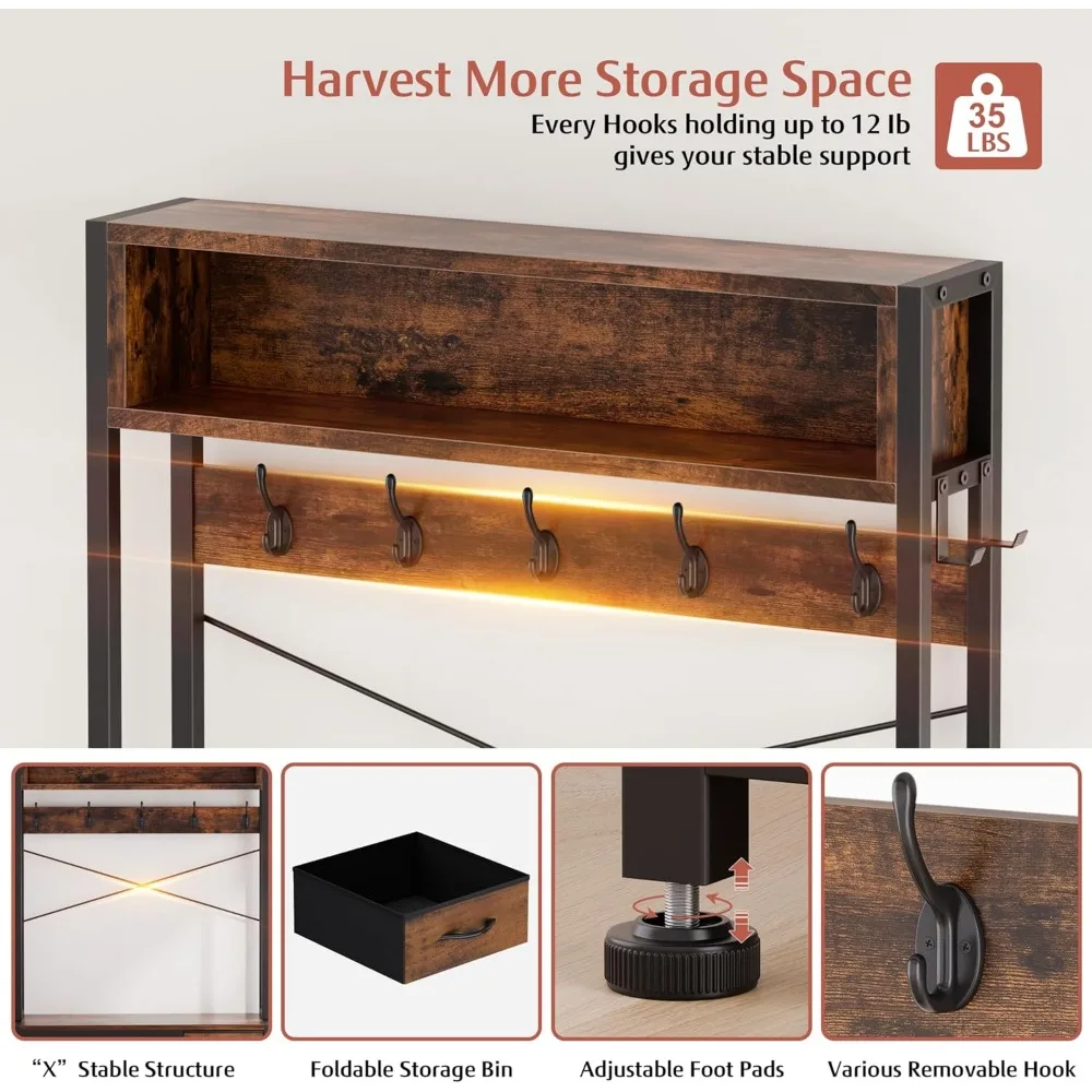 شجرة قاعة Lulive مع مقعد وتخزين الأحذية، حامل معطف 31.5 قائم بذاته مع رف تخزين من طبقتين، معطف مقعد 6 في 1 للمدخل