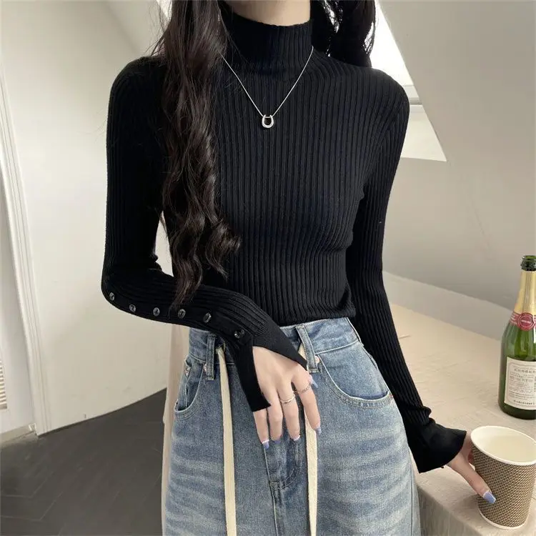 Autumn Winter Sweater Casual Chic Blue Pullovers for Women Clothes Elegant Vintage Fashion Button High Street Jumpers Ladies Top