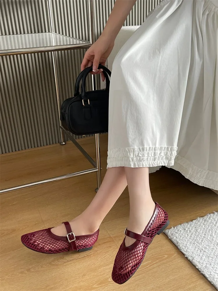 Eilyken Summer Designer Cosy Mesh Heels Women Flat Shoes Fashion Round Toe Buckle Strap Casual Outdoor Dress Sandals