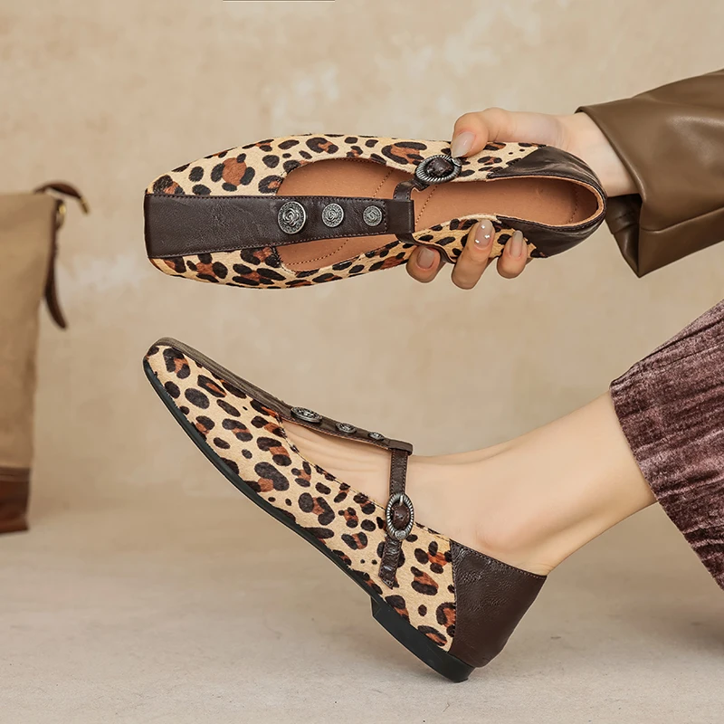 

Mary Janes Women Pony Hair Leopard Print Metal T-Bar Flat Square Toe Single Strap Dress Shoes