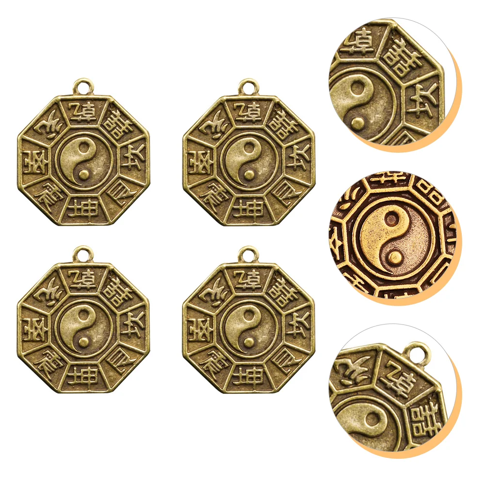 4 Pcs Vintage Pendants Key Chain Eight-Diagram Amulet Car Chinese Style Golden Brass Adorn