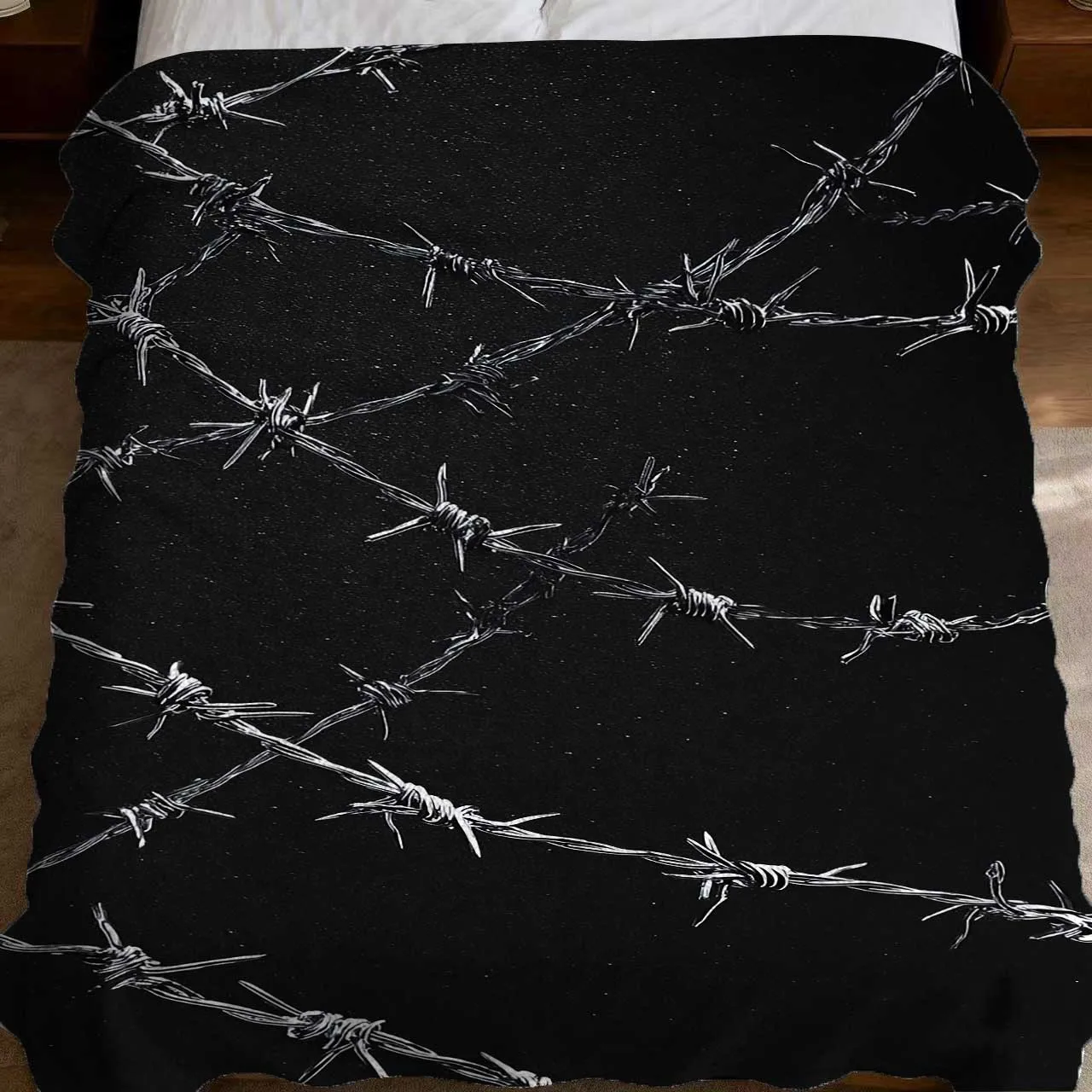 1pc Flannel Throw Blanket | Abstract Art Black Thorns 2D Printed Lightweight & Soft, All-Season Cozy Blanket for Couch, Bed, Cam