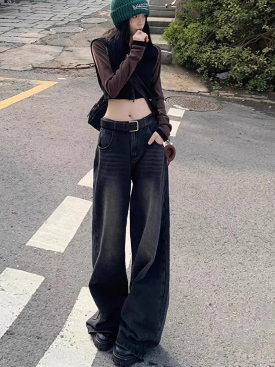 

Fleece Lined Straight Leg Jeans Women's Spring Autumn plus Size Loose Wide Leg Drapey Pants High Waist Winter Warm Trousers