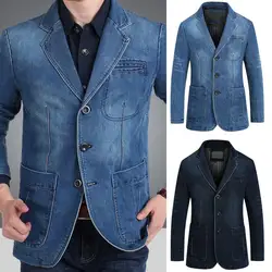 2023 New Fashion Casual Popular Denim Blazer Cool Denim Jacket Lapel Pure Color Pockets Denim Blazer  Single Breasted