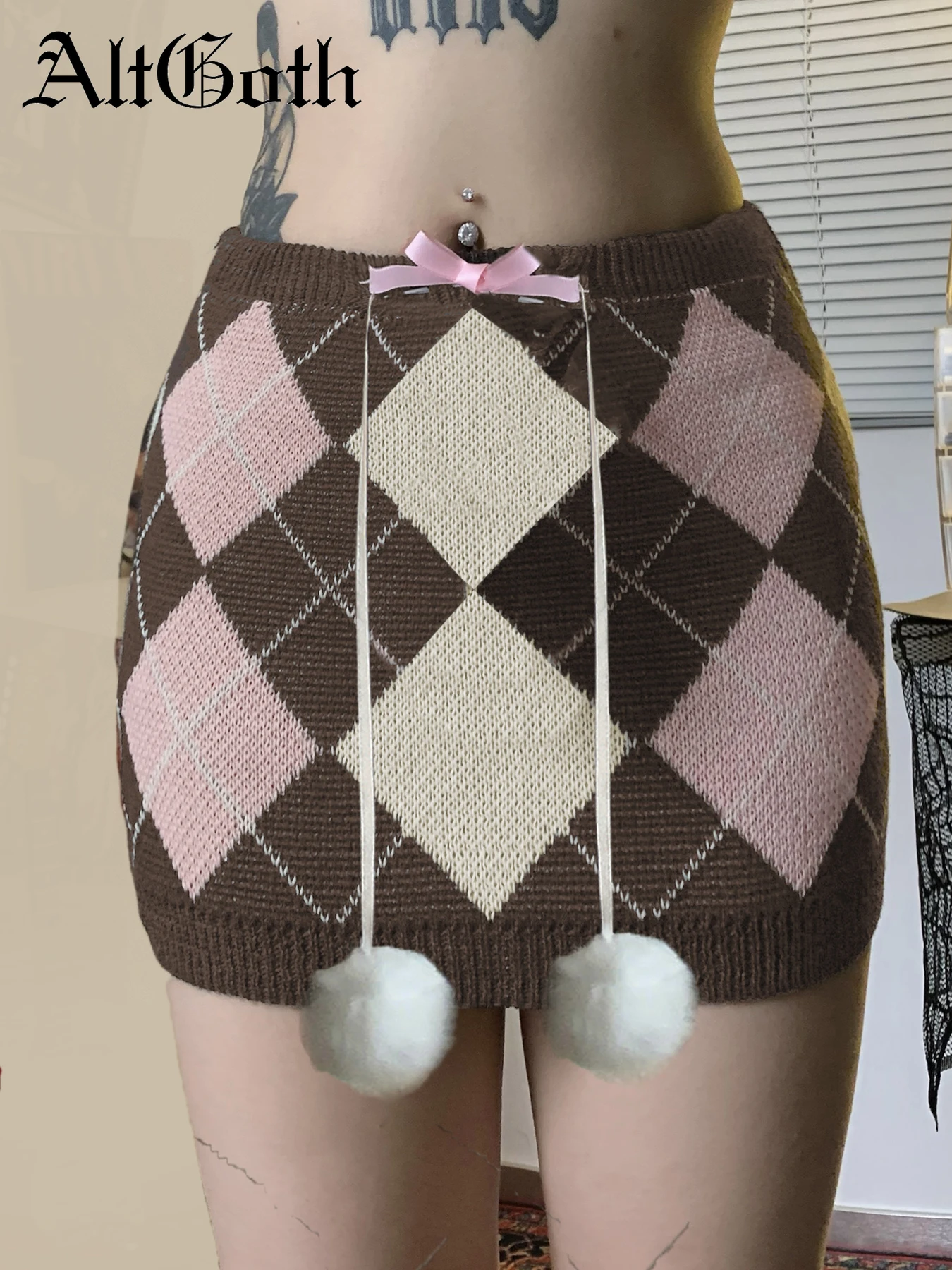 

AltGoth Sweet Y2k Knitted Skirt Pastel Goth Streetwear Diamond Check High Waist Mini Skirt Fairycore Grunge Aesthetic Rave Skirt