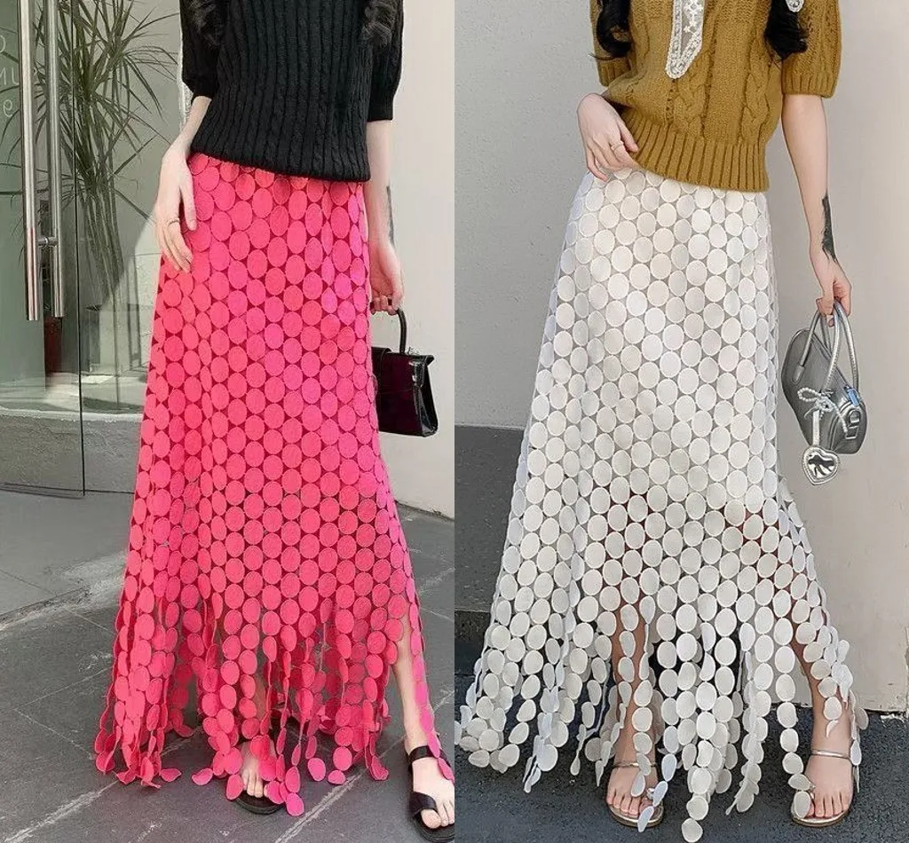 Women's High Waist Patchwork Midi Skirt with Tassel Cut out Irregular Hem Solid Color Summer Fashion Skirts for Females