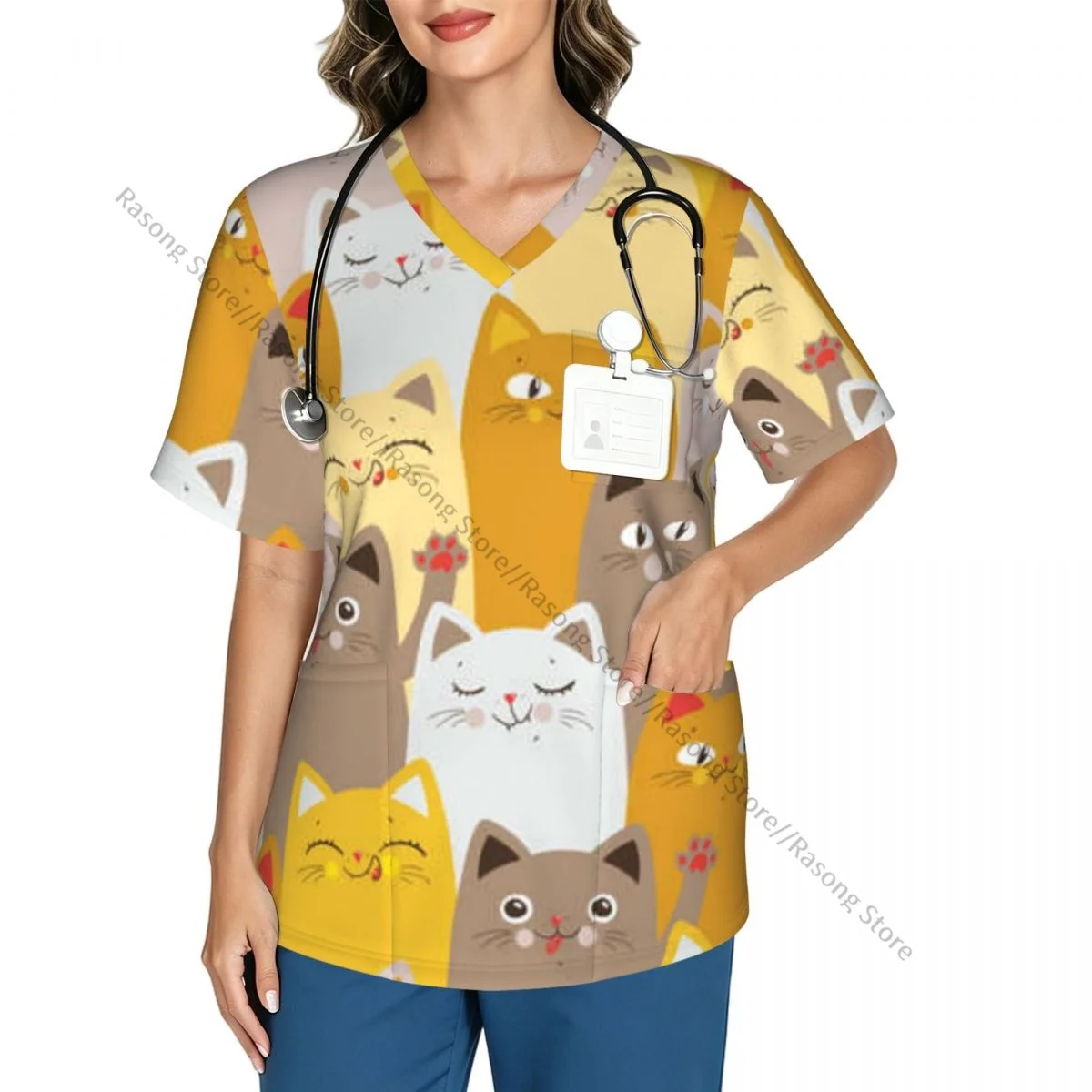 Cats Print Scrubs tops medical uniforms women V Neck Stretch Scrub Shirt Dentist doctor Blouse