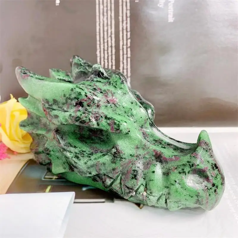 15cm Natural High Quality Ruby In Zoisite Dragon Skull Head Statue Carved Crystal For Decoration Gift Or Collection 1pcs