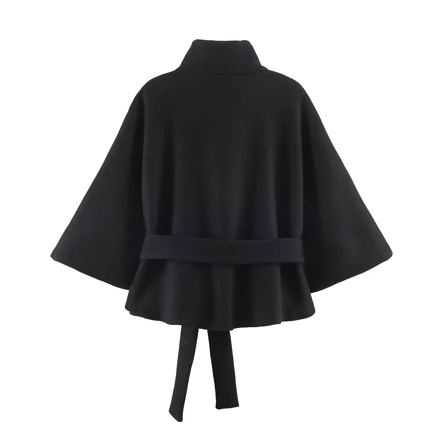 BSAY 2026 New Women High Neck Cape Coat Belted Waist Tie Short Cloak Overcoat Autumn Winter Elegant Decorative Strap Outerwear