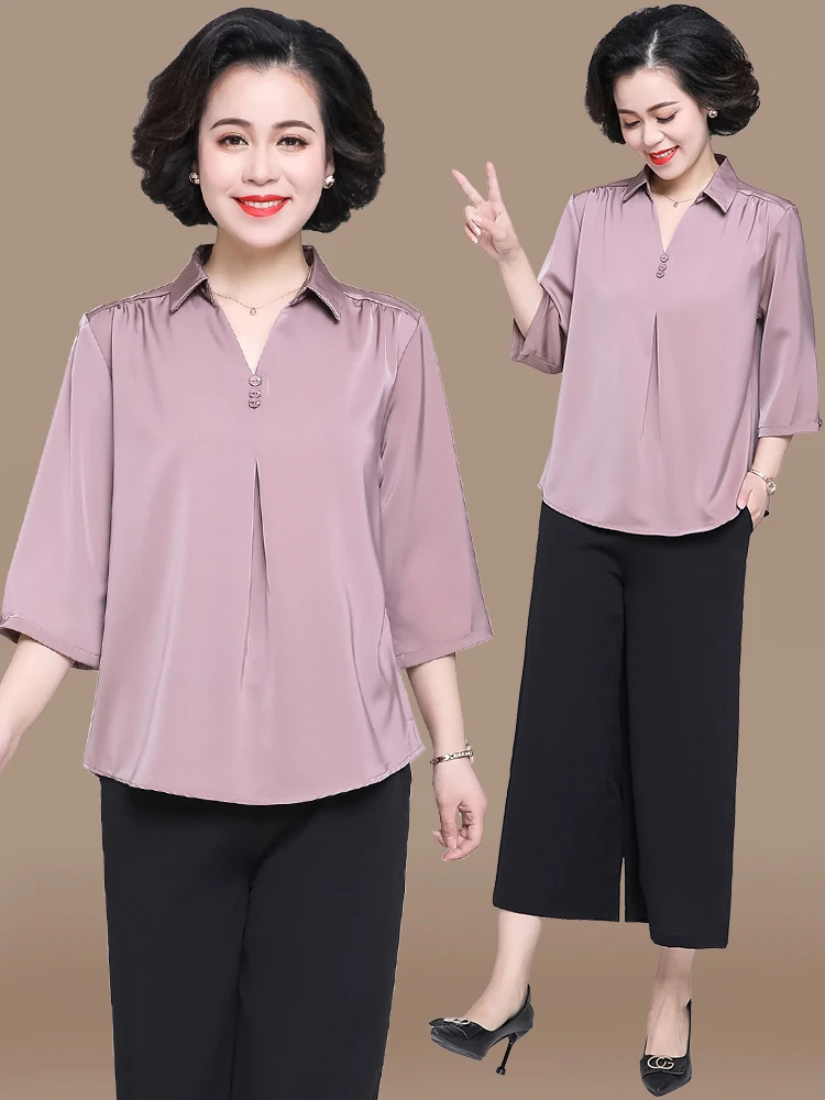 

Модный весенний комплект для женщин среднего возраста: свободная блузка и брюки из полиэстера с V-образным вырезом и пуговицами, двухсоставный женский костюм.