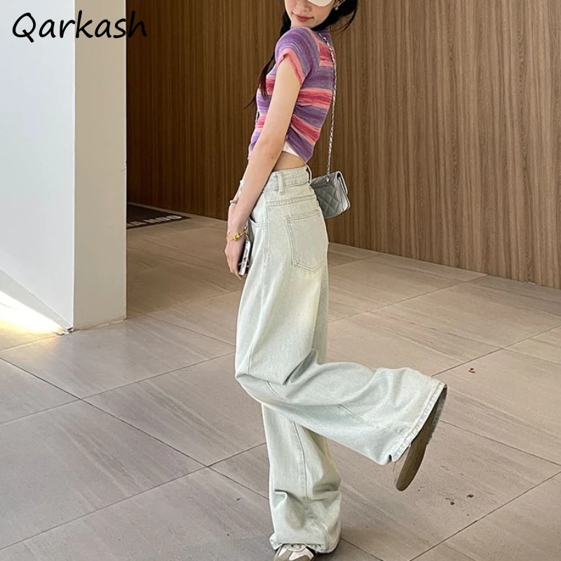 

Jeans Women Summer Girls High Waist Loose Slender Mopping Designed Light Color All-match Causal Retro Solid Simple Korean Style