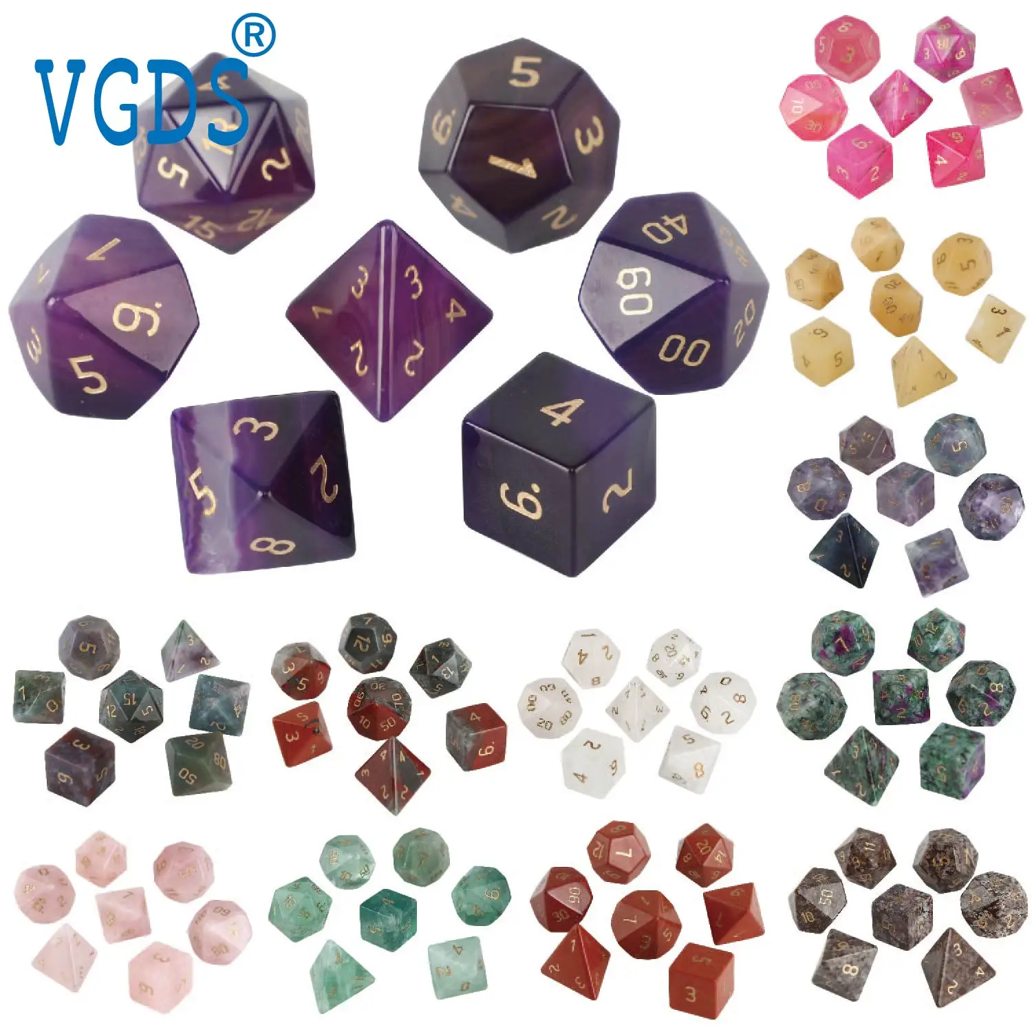 Natural Crystal Rose Quartz Agate Gemstone Engraved Dice 7Pcs D4 D6 D8 D10 D10 D12 D20 DND RPG Table Game Polyhedral Dice Set