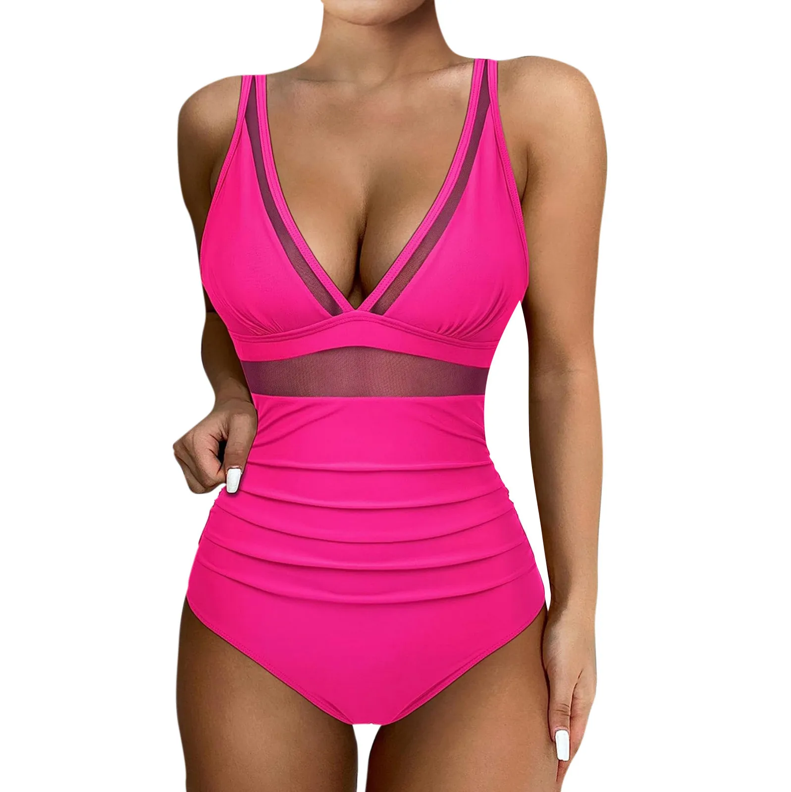 Dames Eendelige Bikini Sexy Mesh Splicing Deep V Badpak Hoge Taille Plooien Slim Fit Strandkleding Casual Basic Trend Badmode