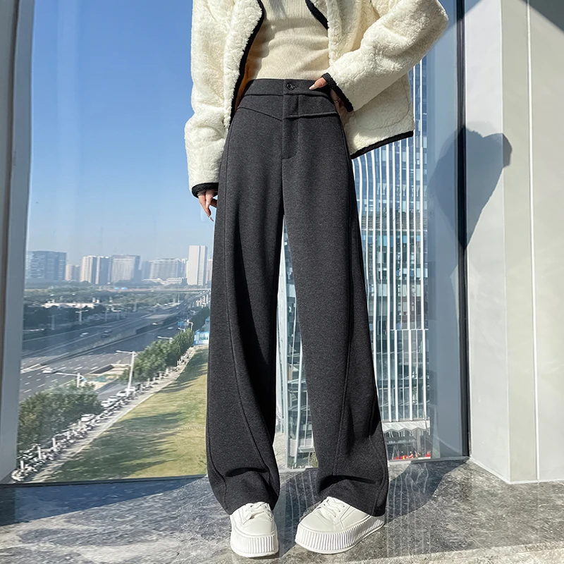 Pantalones holgados de lana y mezcla de otoño e invierno para mujer, pantalones curvos de plátano de longitud completa, ropa de calle para mujer, pantalones de pierna ancha de cintura alta